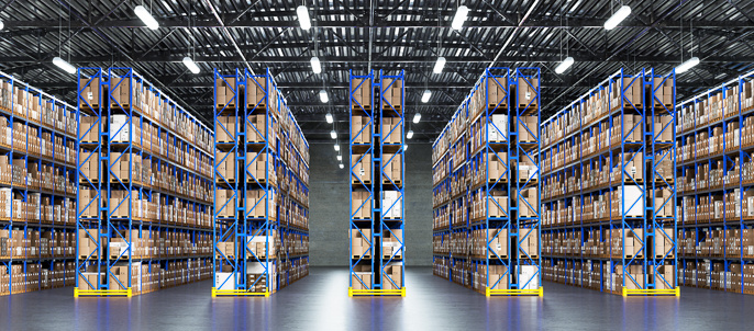 warehouse with narrow aisles and tall shelves